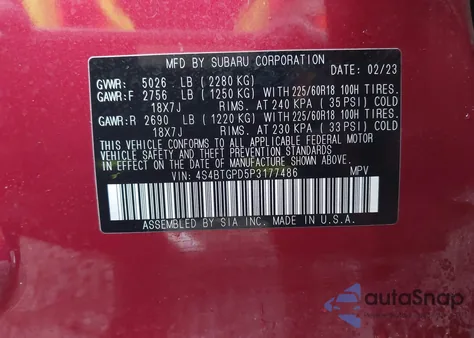 2023 Subaru Outback Touring Xt из США, поврежденный, VIN 4S4BTGPD5P3177486